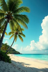 Serene palm trees sway gently in warm ocean breeze, tropical beach, sandy shore