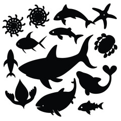 Black Silhouette Ocean Animals Vector: Shark, Dolphin, Fish, Starfish, Sea Life Clip Art, Marine Creature Graphic Design Elements