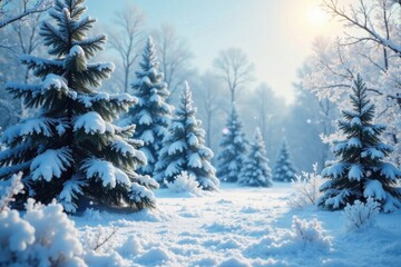 Delicate snowflake design surrounds winter landscape with evergreen trees and frosted windows, winter, frosted windows, Christmas decorations