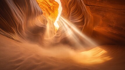 Sunlight streams through a sandstone canyon creating dramatic shadows and light