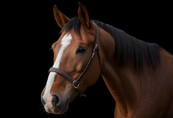 Chestnut Horse Portrait Against Black Background