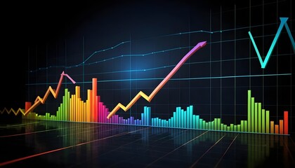 Colorful 3D Financial Charts Showing Growth and Decline