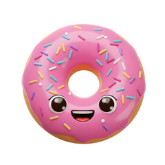Fototapeta premium Playful 3D Pink Frosted Donut Character With Sprinkles And Happy Face PNG Cutout.