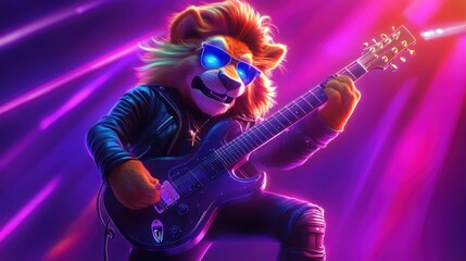 Animated lion rock star performing on stage.
