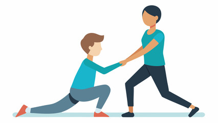 Fototapeta premium Guided Stretch An instructor assisting a participant in a modified lunge pose using a s for support showcasing gentle guidance and support.