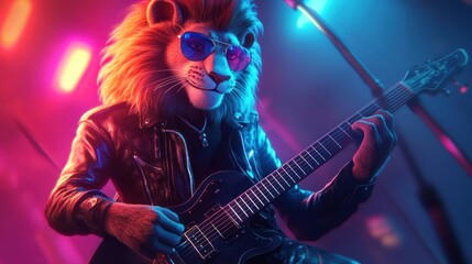 A lion musician plays electric guitar on a stage.