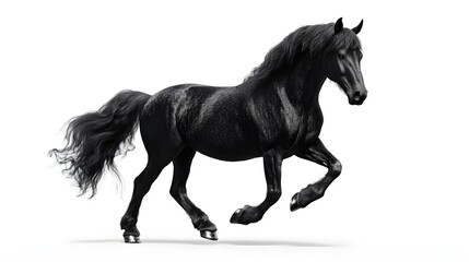 Black horse running gracefully across a plain background showcasing its strength and beauty in motion