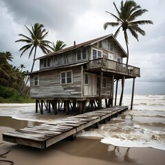 Fototapeta premium Stormy Seas Overrun Stilt House