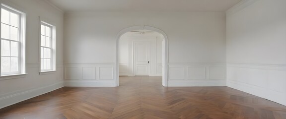 Empty Elegant Room with Hardwood Floors and White Walls