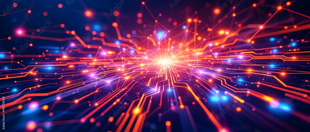 Fototapete Abstract Network: Glowing Circuit Board with Data Flow and Connections