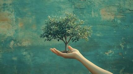 Sustainability message represented by a hand supporting a thriving tree on a fresh green backdrop