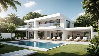 Fototapeta premium Modern Luxury Villa with Infinity Pool and Tropical Garden