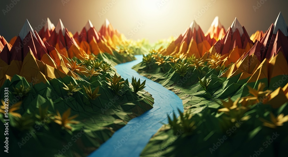 Poster A mountain range with a river running through it