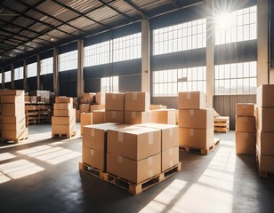 Cardboard Boxes on Pallets in a Sunny Warehouse