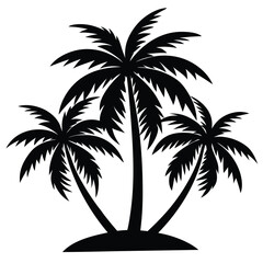 Fototapeta premium Black Silhouette of Three Palm Trees on a Small Island, Tropical Vacation Graphic, Vector Illustration, Summer Theme