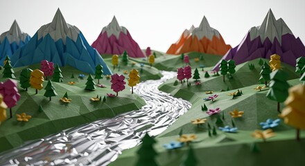 Obraz premium A paper mountain range with a river running through it