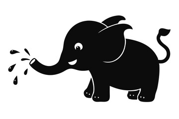 Baby Elephant Splashing Water with Trunk Silhouette