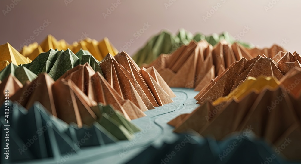 Poster a mountain range is shown in a paper model, with the mountains varying in color