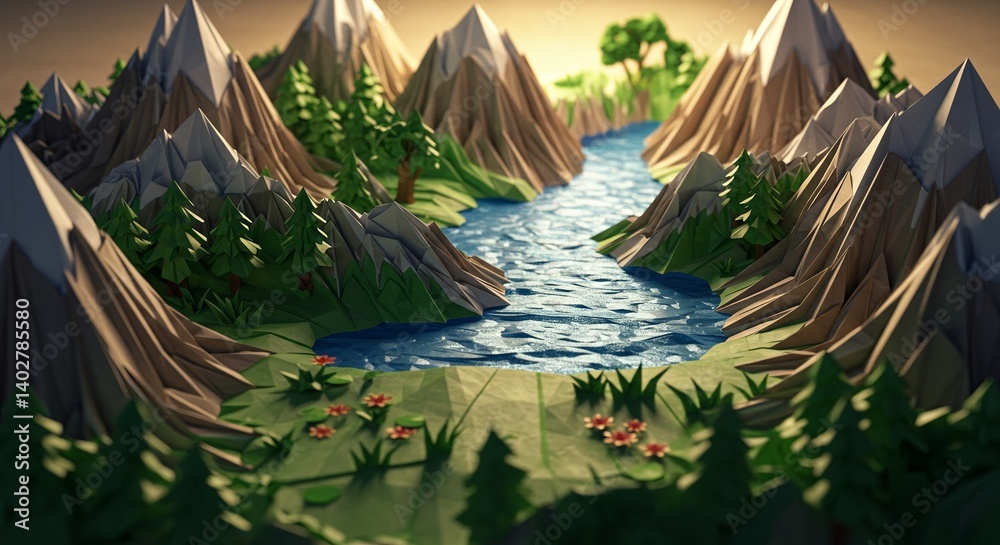 Poster A mountain range with a river running through it
