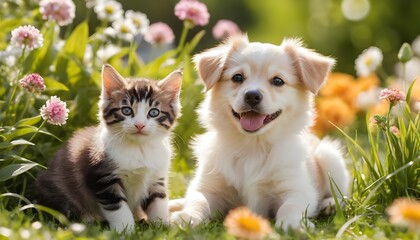 Obraz premium Kitten and Puppy in a Flower Garden