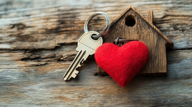 Heartfelt Homeownership. A pair of keys with a house-shaped keyring and a red heart, symbolizing love and the emotional value of a home.