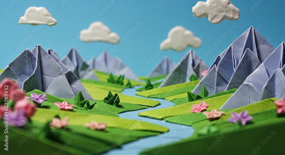 Poster A paper mountain range with a river running through it