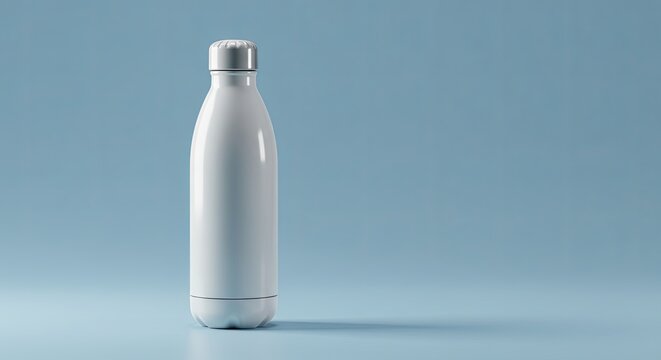A white bottle with a silver cap sits on a blue background