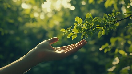 Green lifestyle promotion with a hand nurturing a healthy tree in a fresh green natural environment