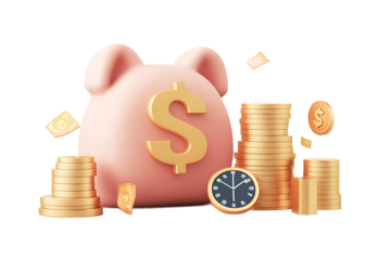 Time is Money Piggy Bank with Gold Coins and Clock for Savings and Investment Concepts
