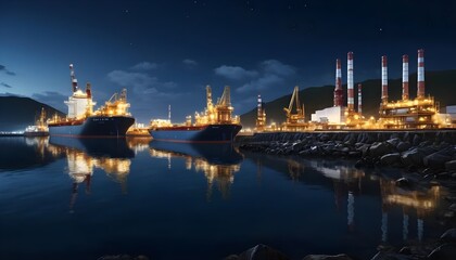 Fototapeta premium Night View of Cargo Ships at an Illuminated Refinery