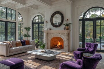 Fototapeta premium Elegant living room with high ceilings, white walls, arched windows, velvet armchairs, marble coffee table, purple chairs, vintage mirror above the fireplace, and natural light.