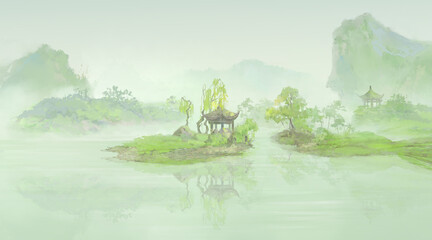 Hand drawn Chinese style ink landscape painting，Spring Landscape Painting