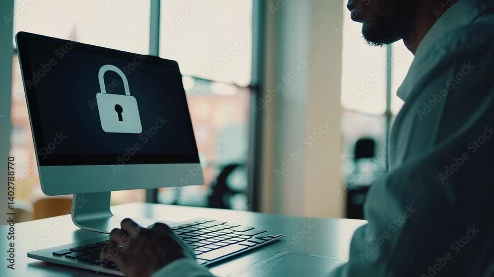 Aufkleber Secure login concept with office worker typing on keyboard and lock icon displayed on computer screen, ensuring digital security and data protection