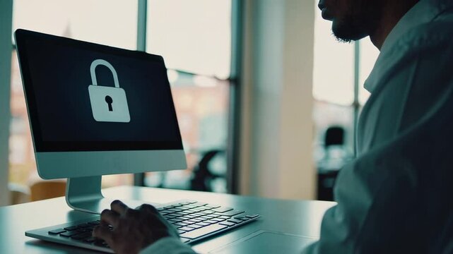 Secure login concept with office worker typing on keyboard and lock icon displayed on computer screen, ensuring digital security and data protection