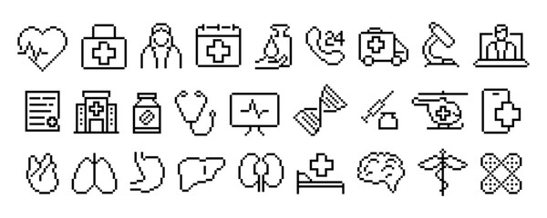 Set of pixel style medical icons including heart, doctor, ambulance, hospital, organs, stethoscope, helicopter, syringe, mobile app, and microscope.