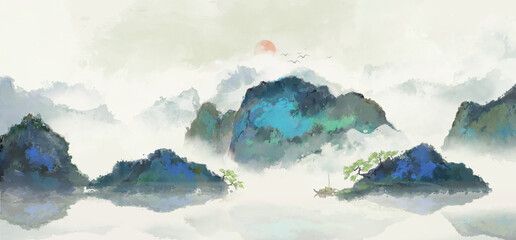 Hand drawn Chinese style ink landscape painting，Spring Landscape Painting