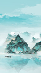 Hand drawn Chinese style ink landscape painting，Spring Landscape Painting
