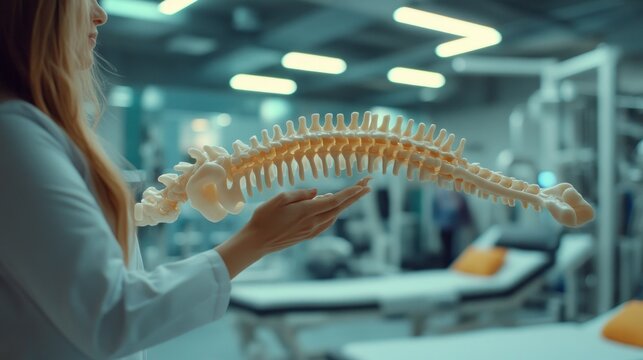Medical professional examining a 3D spine model.  Detailed view of a person in a lab coat holding a realistic spine model - Powered by Adobe