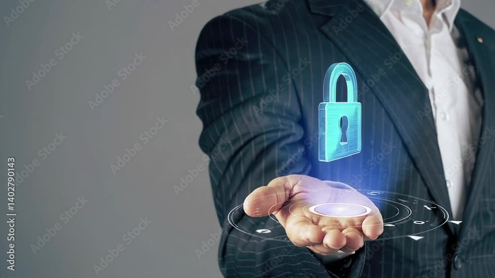 Poster businessman in suit presenting a hologram of a digital padlock, symbolizing cybersecurity and data p