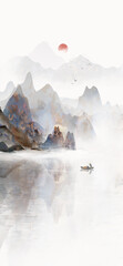 Hand drawn Chinese style ink landscape painting，Spring Landscape Painting