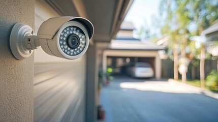 Home security camera mounted on the wall of a suburban garage for surveillance purposes.
