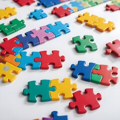 Fototapeta premium Colorful Puzzle Pieces Scattered on White Background