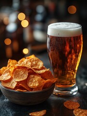 Enjoying beer with a bowl of crunchy potato chips on a cozy evening gathering