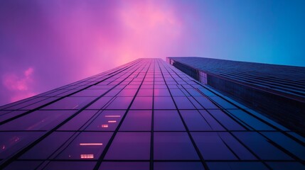 Fototapeta premium Glass skyscraper reflecting colorful twilight sky modern architecture background 