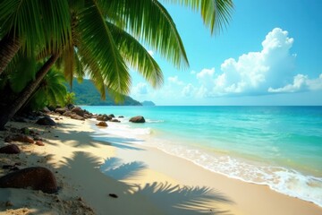 Sandy beach at low tide, palm fronds scattered, sea spray on stones, beach, serene