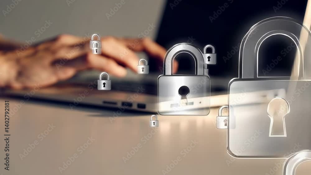 Poster Multiple lock icons hover over a laptop keyboard as a programmer types, symbolizing data protection and secure coding practices in software development