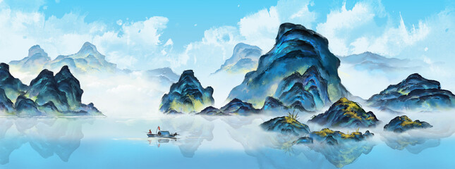 Hand drawn Chinese style ink landscape painting，Spring Landscape Painting