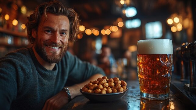Enjoying a refreshing beer with roasted peanuts in a cozy bar atmosphere during the evening - Powered by Adobe