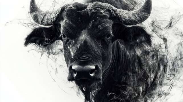 Powerful buffalo head, shrouded in smoke, evokes strength and mystery.