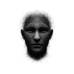 Abstract representation of a human face using dot patterns, digital art style